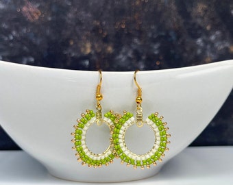 Lime Green Earrings, Beaded Hoop Earrings, Green Hoop Earrings, Green Earrings, Seed Beads Earrings, Handmade Earrings, Beaded Hoops, Hoops