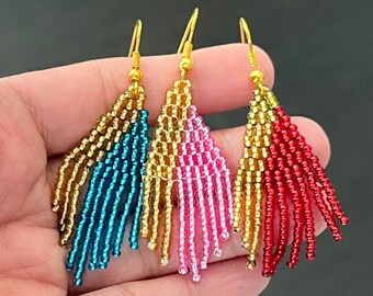 Hand Woven Beaded Earrings, Modern Seed Beads Earrings, Handmade Bohemian Earrings, Angled Fringe Earrings, Statement Earrings, Gift For Her