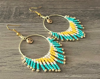 Geometric Sunburst Fringe Earrings, Turquoise Yellow White Beaded Hoop Earrings, Boho Fringe Earrings, Handwoven Sun Earrings, Gift For Her