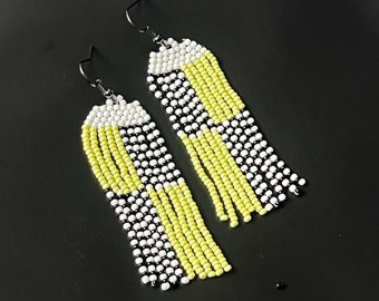 Color Block Bohemian Beaded Earrings, Striped Fringe Earrings, Handmade Geometric Beaded Earrings, Black White Yellow Earrings, Gift For Her