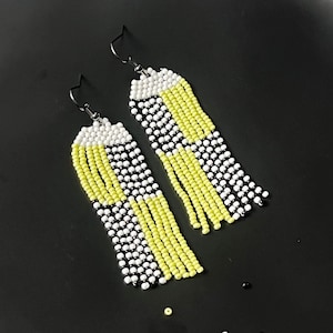 Color Block Bohemian Beaded Earrings, Striped Fringe Earrings, Handmade Geometric Beaded Earrings, Black White Yellow Earrings, Gift For Her image 1