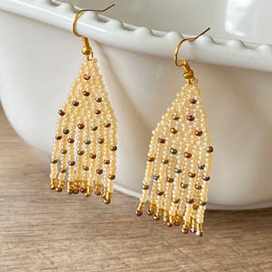 Pastel Cream Gold Beaded Earrings, Confetti Seed Bead Fringe Earrings, Minimalist Boho Chic Wedding Jewelry, Cute Birthday Party Gift, Mom