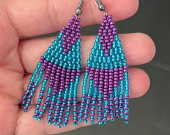 Blue Purple Beaded Fringe Earrings, Modern Geometric Seed Beads Earrings, Handmade Boho Earrings, Lightweight Modern Earrings, Gift For Mom