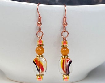 Handmade Copper Earrings, Orange Beaded Earrings, Gemstone Boho Earrings, Quartzite Earthy Earrings, Copper Boho Earrings, Gifts For Mom