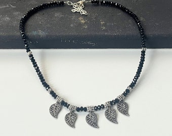 Beaded Leaf Necklace, Handmade Glass Beads Necklace, Black Choker Necklace, Silver Leaf Necklace, Leaf Charm Necklace, Oxidized Necklace