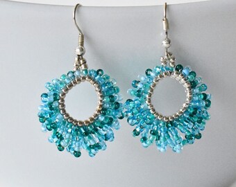 Blue Hoop Earrings, Woven Hoop Earrings, Aqua Blue Seed Beads Hoop Earrings, Spring Earrings, Beaded Earrings, Gift For Her, Beaded Earrings