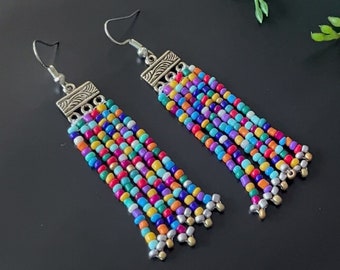 Long Muti Color Boho Fringe Earrings, Rainbow Earrings, Beach Earrings, Handmade Colorful Earrings, Trendy Beaded Earrings, Gift For Women