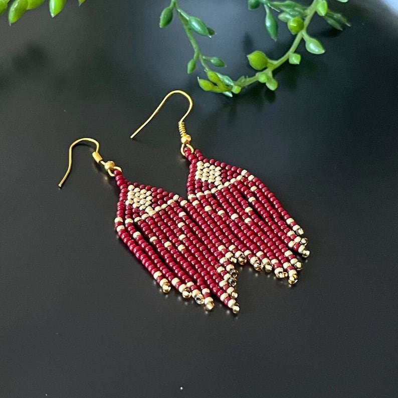 Native American Seed Beads Fringe Earrings, Royal Blue Earrings, Red Seed Beads Earrings, Handwoven Earrings, Diamond Shape Earrings, Gift Red