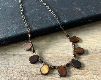 Teardrop Shell Bib Necklace, Shell Beads Necklace, Antique Brass Chain Necklace, Gift For Women, Handmade Brown Beaded Statement Necklace