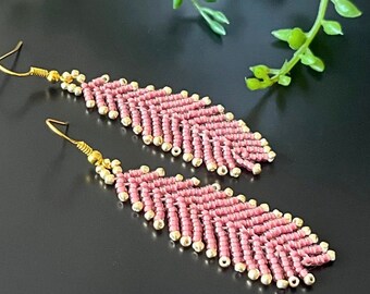 Beaded Boho Feather Earrings, Lightweight Earrings, Gift For Mom, Beaded Leaf Earrings, Seed Beads Fringe Earrings, Handmade Bridesmaid Gift