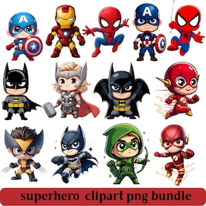 Może przedstawiać: Zbiór postaci superbohaterów z kreskówek, w tym Kapitan Ameryka, Iron Man, Spider-Man i Batman. Każda postać jest przedstawiona w stylu chibi z żywymi kolorami i charakterystycznymi cechami. Na dole widoczny jest tekst "superhero clipart png bundle".
