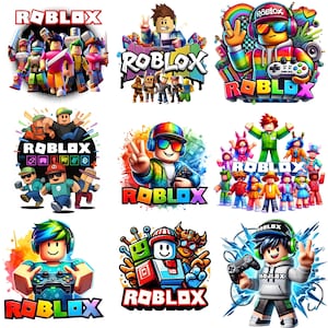Può includere: Una collezione di grafiche colorate a tema Roblox. Le immagini presentano vari personaggi, loghi ed elementi relativi ai giochi Roblox. I design includono colori vivaci, pose dinamiche e il logo Roblox.