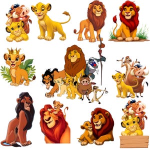 May include: A collection of cartoon illustrations featuring lions and other animals. The lions are depicted in various poses and expressions, with a range of colors including yellow, orange, and brown. Some lions have crowns.