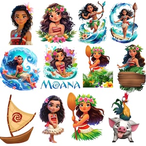 Puede incluir: Una colección de ilustraciones digitales coloridas con el personaje Moana de la película animada. Las imágenes muestran a Moana en varias poses, con acentos florales, olas del océano y un velero. La palabra "Moana" también se muestra.