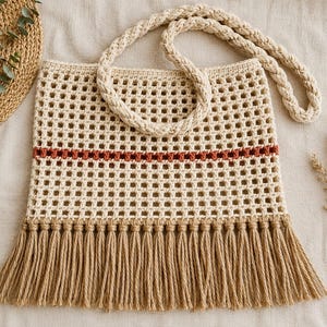May include: A cream-colored crochet tote bag featuring a square grid pattern, a single horizontal rust-colored stripe, and long tan fringe at the base. The bag includes two thick, braided cream-colored handles attached to the top edge.