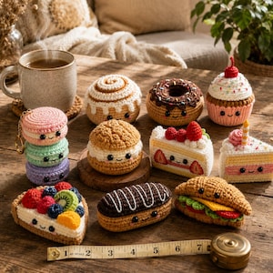 May include: A collection of crocheted food items including a cinnamon roll, chocolate donut, cupcake, macaron stack, cream puff, strawberry cake, birthday cake, fruit tart, eclair, and sandwich, with a measuring tape showing 7 inches.