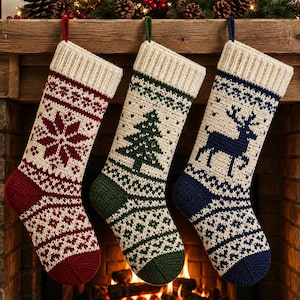May include: Three knitted Christmas stockings hanging in a row. The left stocking is red and cream with a snowflake pattern. The middle stocking is green and cream with a pine tree design. The right stocking is navy blue and cream with a reindeer motif.