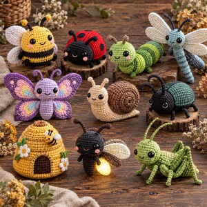 May include: A collection of nine crocheted insects and creatures including a bee, ladybug, caterpillar, dragonfly, butterfly, snail, beetle, beehive with a small bee, firefly, and grasshopper, all featuring black bead eyes and colorful yarn.
