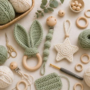 Könnte beinhalten: Eine Sammlung handgefertigter Babyartikel, darunter ein grüner gehäkelter Hasenohrzahnhalter, ein sternförmiger Beißring und ein Schnullerclip. Die Artikel sind mit Garnknäueln, Holzperlen und einem Häkelhaken angeordnet. Die Farbpalette ist weich, mit Grün- und Cremetönen.