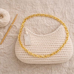 May include: Cream-colored crochet handbag with a gold chain strap. A small, rectangular tag hangs from the bag. A ball of yarn and a wooden crochet hook are next to the bag, suggesting a handmade item.