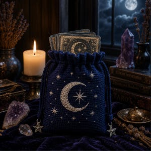 May include: A dark blue crocheted drawstring pouch featuring an embroidered crescent moon and star design. The bag is cinched at the top with matching blue cords that have silver star-shaped charms attached to the ends of the drawstrings.