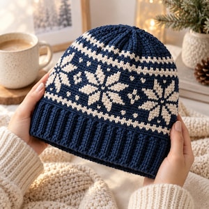 May include: A dark blue beanie with a cream-colored snowflake pattern and a ribbed brim. The hat features a repeating geometric design of large stars and small dots encircling the crown, crafted with a visible knit or crochet texture.