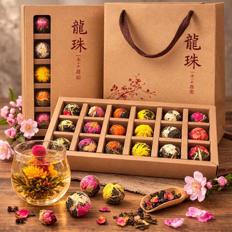 Blooming Tea Gift Set with Flowering Tea Balls – Handmade Flower Tea Gift Box – Chinese Blooming Tea – Unique Tea Lover Gift –Luxury Tea Set image 3