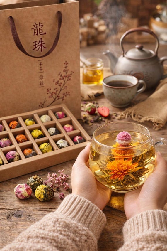 Blooming Tea Gift Set with Flowering Tea Balls – Handmade Flower Tea Gift Box – Chinese Blooming Tea – Unique Tea Lover Gift –Luxury Tea Set