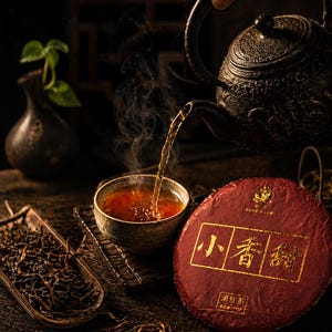 May include: A dark, moody image of a tea ceremony. A black, ornate teapot pours tea into a small ceramic bowl. A red tea cake with gold lettering sits nearby. Loose tea leaves are in a wooden scoop.