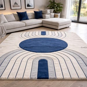 Mid Century Modern Area Rug, Navy Blue & Cream Geometric Rug, Rectangular Hand Tufted Wool Carpet, Abstract Arch Decor Large Living Room Rug