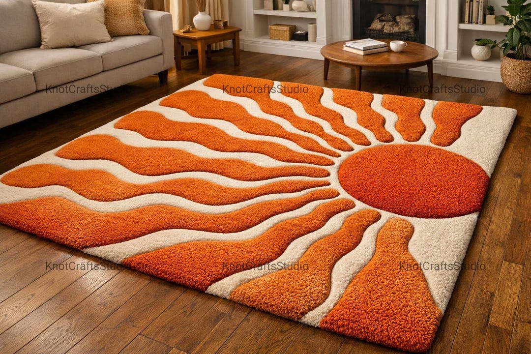 Modern Sun Rug Sunburst Tufted Rug 70s Retro Orange Area Rug Mid Century Modern Sun ...