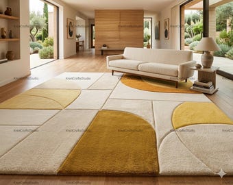 Tapete abstrato moderno de meados do século XX, tapete de lã tufado à mão para sala de estar, tapete geométrico grande em ocre e creme, textura esculpida em alto e baixo relevo.