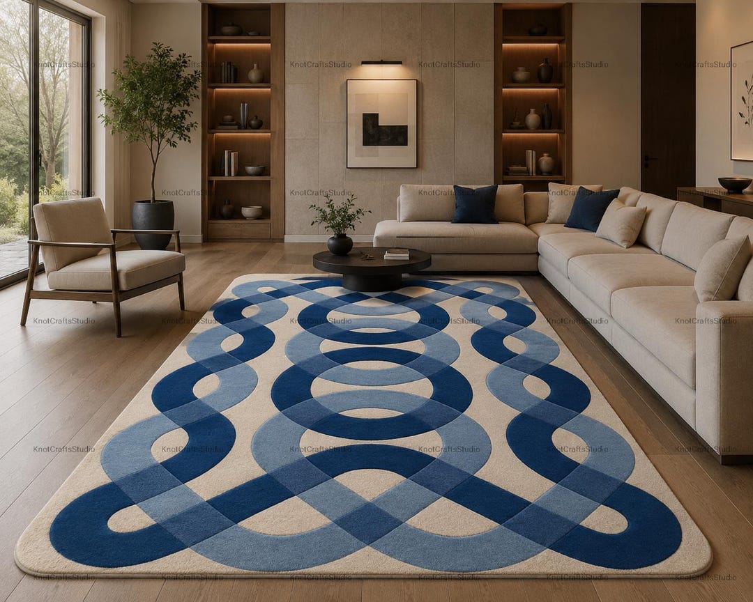 Blue Geometric Interlocking Area Rug, Modern Hand-tufted Wool Rug for ...