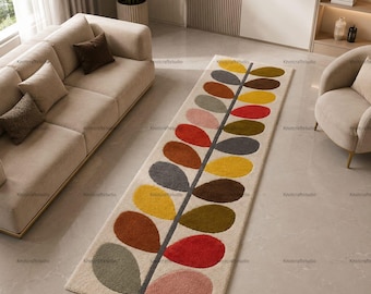 Retro Mid Century Modern Runner Rug, Colorful Leaf Wool Hallway Carpet, Scandinavian Multi Stem Aesthetic Floor Mat, Living Room Bed Runner