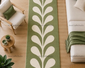 Mid Century Modern Runner Rug, Sage Green Olive Branch Hallway Runner, Scandi Boho Kitchen Mat, Orla Kiely Style Stem Rug, 2x7 2x8 2x10 Rug