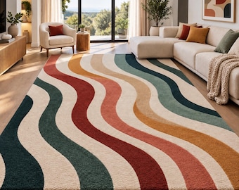 Modern Wavy Rug, Hand Tufted Wool Area Rug, Abstract Wave Carpet, Colorful Geometric Rug, Living Room Bedroom Decor