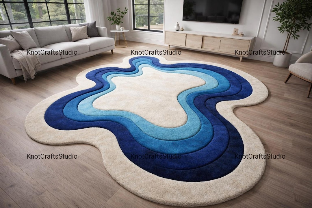 3D Blue Topographic Rug, Irregular Wavy Tufted Area Rug, Modern ...
