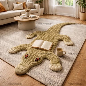 May include: An olive green alligator-shaped rug with red eye details and textured scales. The rug is placed on a neutral-toned area rug in a living room setting. An open book and a mug are on the rug.