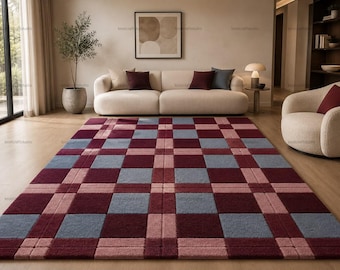 Modern Plaid Wool Rug, Burgundy & Dusty Blue Checkered Area Rug, Geometric Tufted Carpet, Mid Century Modern Floor Rug, Custom Living Room