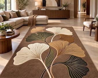 Ginkgo Leaf Rug, Modern Botanical Area Rug, Olive Green Brown Floral Rug, Abstract Nature Carpet, Organic Modern Living Room Decor