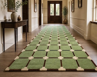 Sage Green Grid Runner Rug with Clover Motif, Modern Trellis Hallway Carpet, Hand Tufted Sage & Chocolate Brown Rug, Custom Size Area Rug
