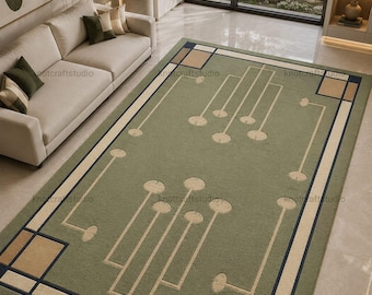 Sage Green Art Deco Rug, Frank Lloyd Wright Inspired Area Carpet, Mid Century Modern Wool Rug, Geometric Prairie Style Living Room Rug