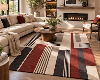 Modern Geometric Area Rug, Hand Tufted Wool Rug, Abstract Red Black Cream Carpet, Contemporary Living Room Bedroom Decor