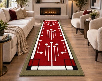 Red Geometric Runner Rug, Modern Abstract Carpet, Contemporary Hallway Rug, Long Narrow Living Room Runner, Handmade Statement Rug