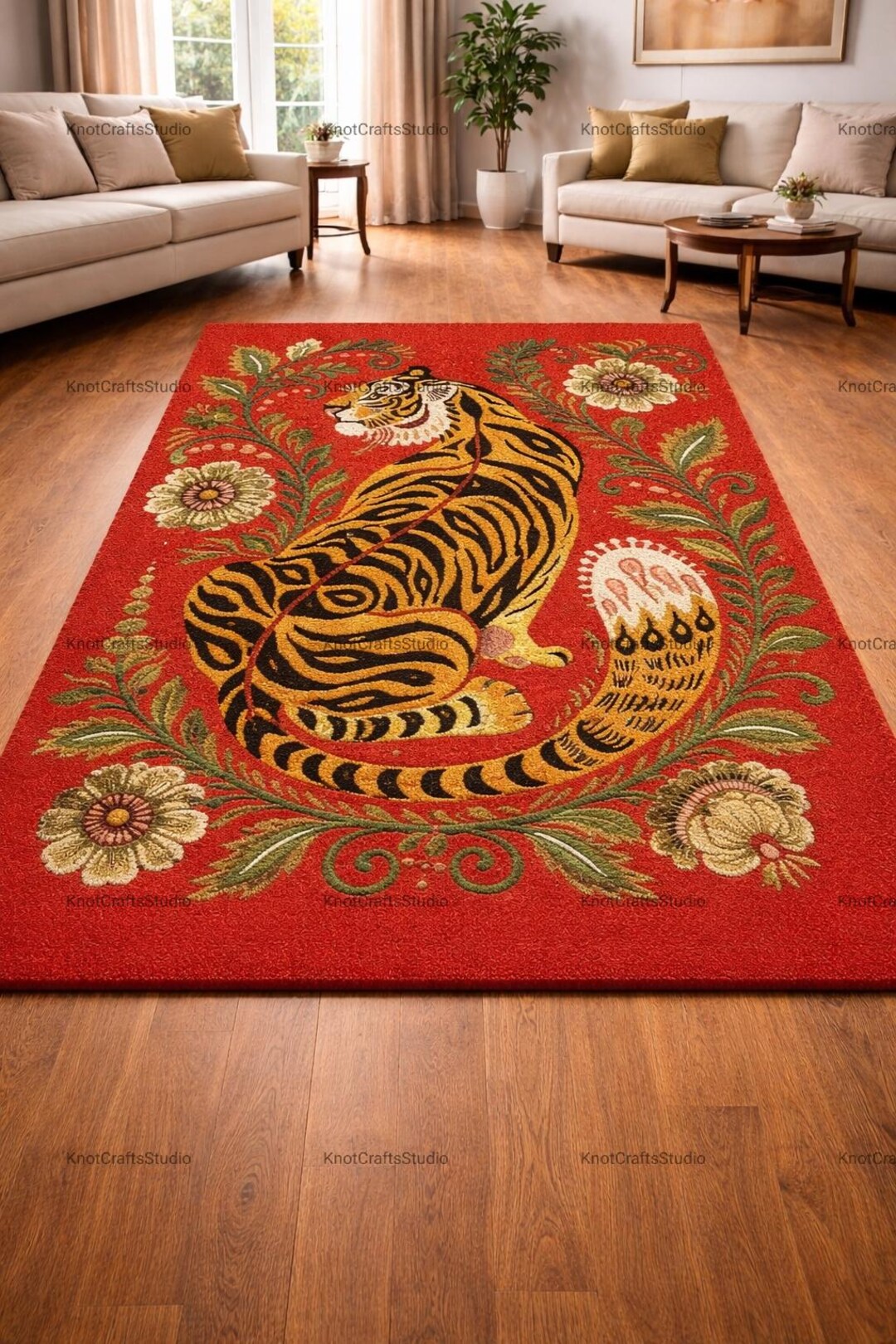 Red Animal Rug Tiger Area Rug, Red Floral Animal Print Carpet, Maximalist Folk Art ...