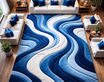 3D Blue Wave Area Rug - Modern Abstract Hand Tufted Carpet, Luxury Large Living Room Rug, Ocean Waves Soft Plush Rug, Coastal Home Decor