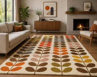 Mid Century Modern Orla Kiely Style Area Rug, Retro Stem Multi Color Wool Carpet, Boho Living Room Accent Rug, 60s 70s Aesthetic Decor
