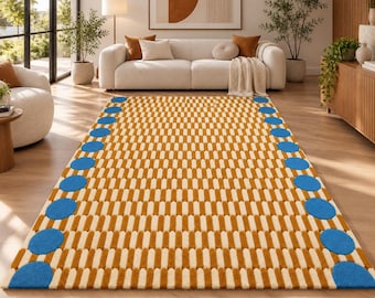 Blue Mustard Tufted Rug, Geometric Area Rug, Modern Boho Carpet, Handmade Living Room Rug, Colorful Bedroom Decor, Statement Floor Rug
