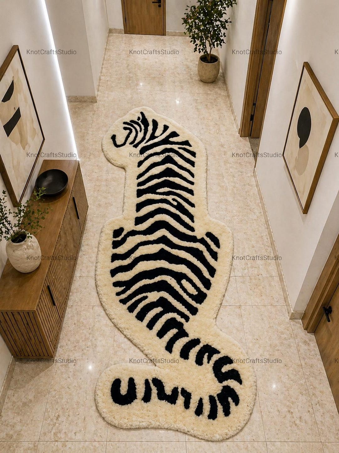 Tibetan Tiger Runner Rug, Hand Tufted Cream & Black Animal Shape Rug ...