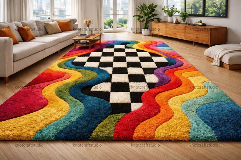 Colorful Tufted Rug Checkerboard Rainbow Wavy Shag Area Rug Psychedelic Retro 70s Living Room Carpet, Large Hand Tufted Wool Rug
